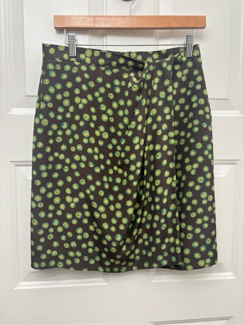 Vintage Georgiou 100% Slik Brown Midi Skirt with Green Dot Print